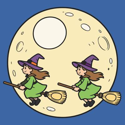 Ausgemalte Version: Zwei Hexen fliegen vor dem Vollmond