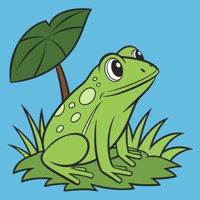 Ausgemalte Version: Frosch neben großem Blatt im Gras