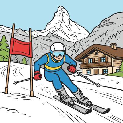Version coloriée : Skieur en course dans les Alpes italiennes