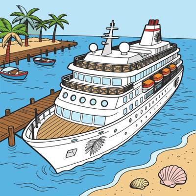 Ausgemalte Version: Detailreiches Kreuzfahrtschiff im Tropenhafen