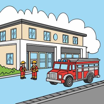 Ausgemalte Version: Feuerwehrauto vor der Feuerwache
