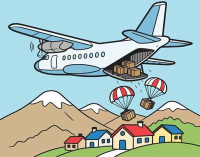 Colored version: Cargo plane dropping supplies over village