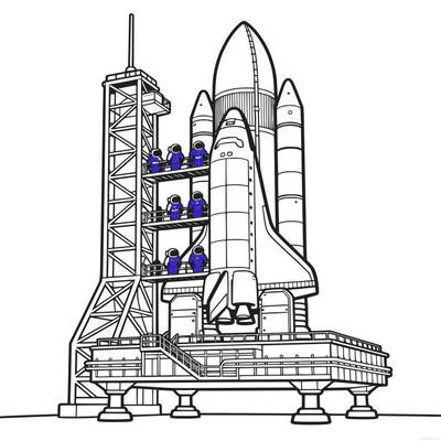 Colored version: Rocket on launch pad with boarding crew