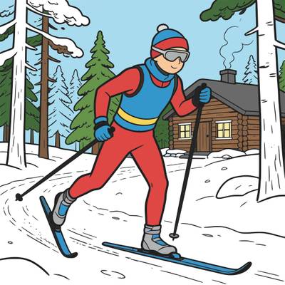 Version coloriée : Skieur de fond finlandais près d’un chalet
