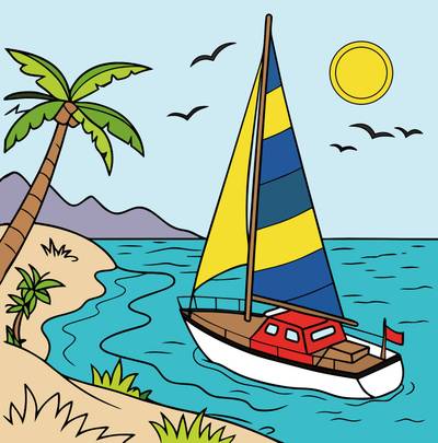 Ausgemalte Version: Segelboot am sonnigen Strand