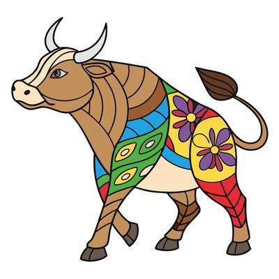 Colored version: Floral zentangle cow in side view