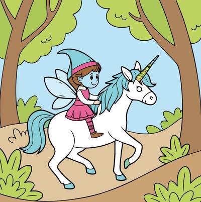 Version coloriée : Fée elfe sur une licorne en forêt