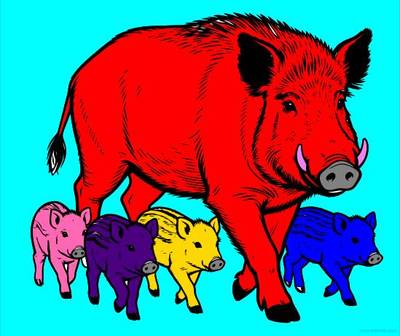 Ausgemalte Version: Detailreiches Wildschwein mit Frischlingen