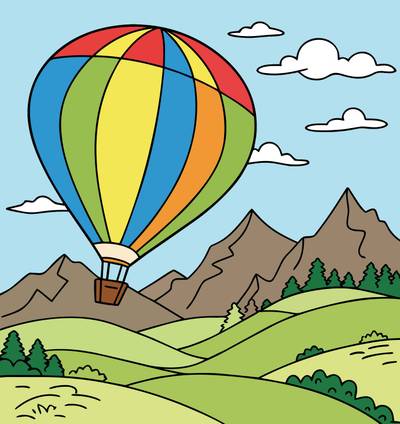Colored version: Detailed hot air balloon landscape