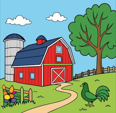 Colored version: Farm mural with barn and rooster