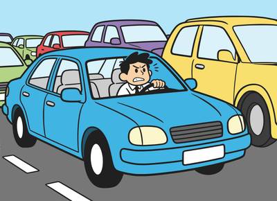 Colored version: Car stuck in a busy traffic jam