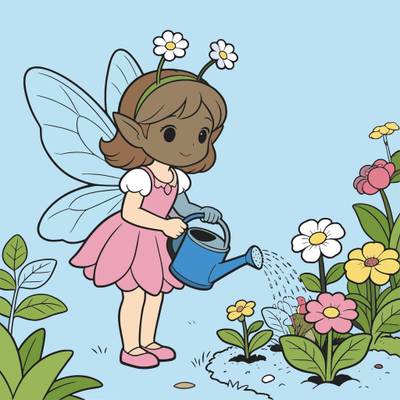Colored version: Cute flower fairy watering flowers