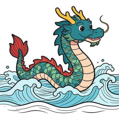 Version coloriée : Dragon d’eau détaillé dans les vagues