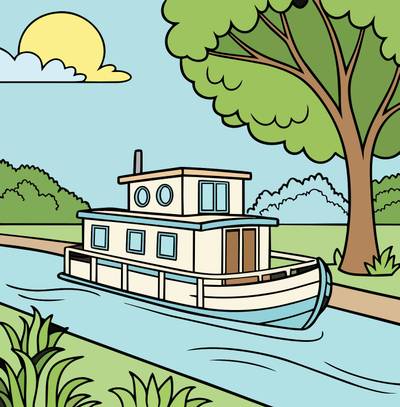 Ausgemalte Version: Einfaches Hausboot am ruhigen Flussufer