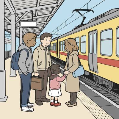 Colored version: Family goodbye at the train platform