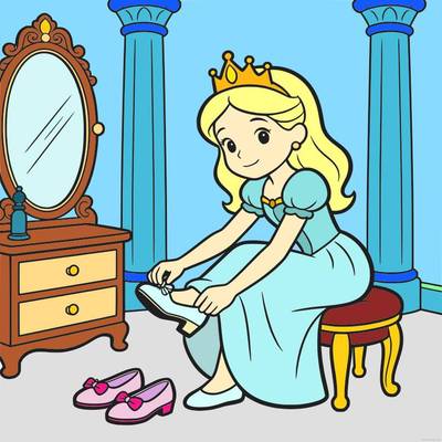 Version coloriée : Princesse essayant des chaussures