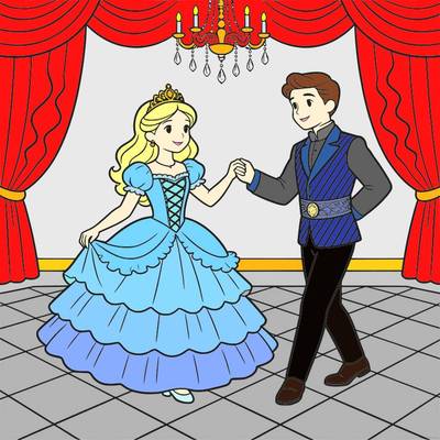 Version coloriée : Princesse et prince dansant au bal
