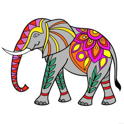 Ausgemalte Version: Elefant im indischen Zentangle-Stil
