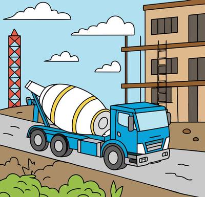 Ausgemalte Version: Fahrmischer auf der Baustelle