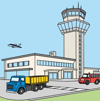 Colored version: Airport tower scene with service trucks