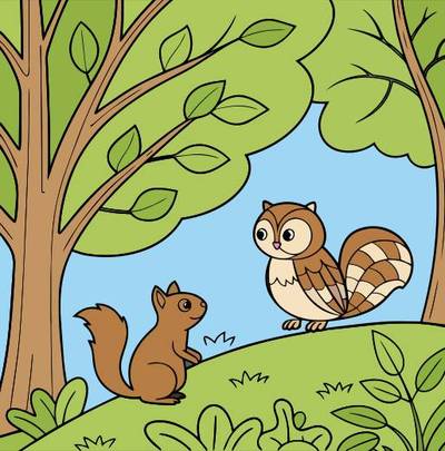 Colored version: Simple squirrel and owl forest scene
