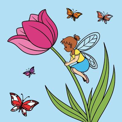 Colored version: Cute flower fairy on a tulip