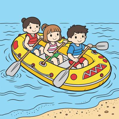 Ausgemalte Version: Drei Kinder im Schlauchboot am Strand