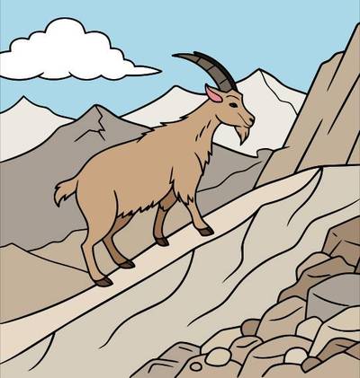 Colored version: Simple goat on a mountain path