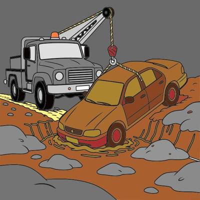 Väritetty versio: Hinausauto vetää autoa lumiojasta