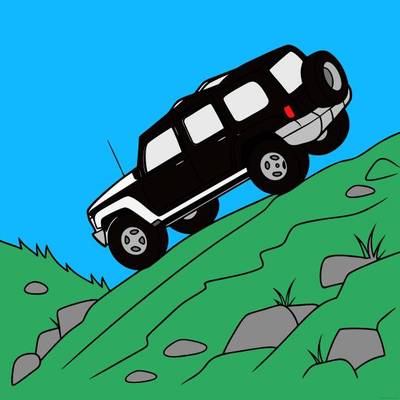 Colored version: Simple SUV climbing a steep rocky hill