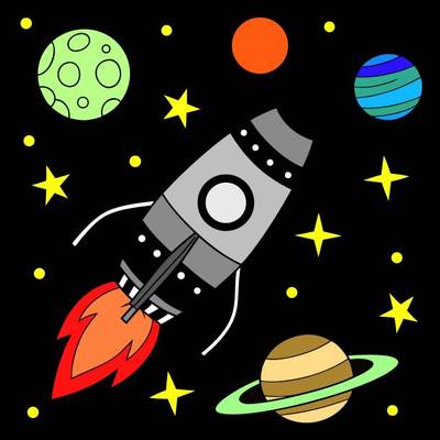 Colored version: Simple rocket with stars and planets