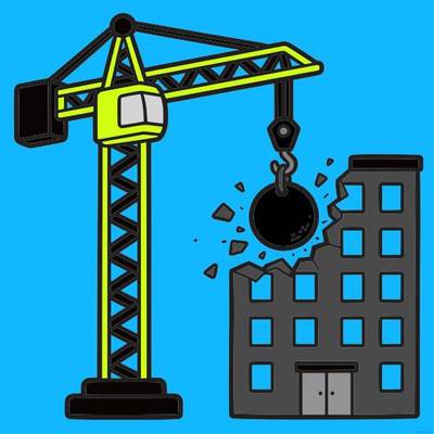 Version coloriée : Grue de chantier démolissant un immeuble