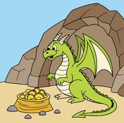Version coloriée : Dragon ailé près d’un trésor