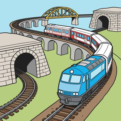 Ausgemalte Version: Modelleisenbahn mit Tunneln und Brücken