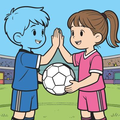 Version coloriée : Deux jeunes footballeurs se tapent dans la main