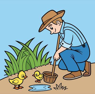 Ausgemalte Version: Bauer füttert Küken auf dem Bauernhof