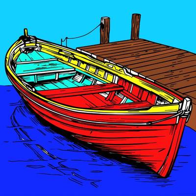 Ausgemalte Version: Ruderboot am Steg