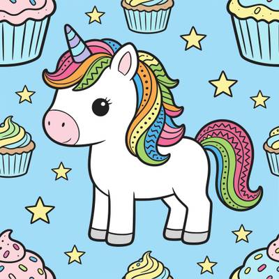 Väritetty versio: Kuviollinen yksisarvinen ja kuppikakkuja