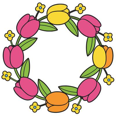 Ausgemalte Version: Einfacher Tulpenkranz mit kleinen Blumen