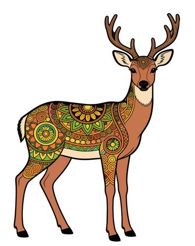 Ausgemalte Version: Detailreicher Hirsch im Zentangle-Stil