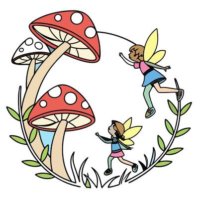 Colored version: Cute fairies dancing by mushrooms