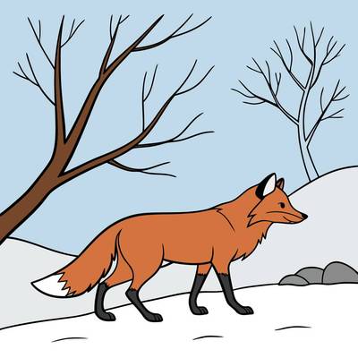 Colored version: Fox walking in a snowy forest
