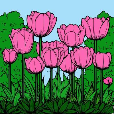Versão colorida: Cena do jardim de tulipas