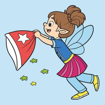 Colored version: Flying tooth fairy with pillow