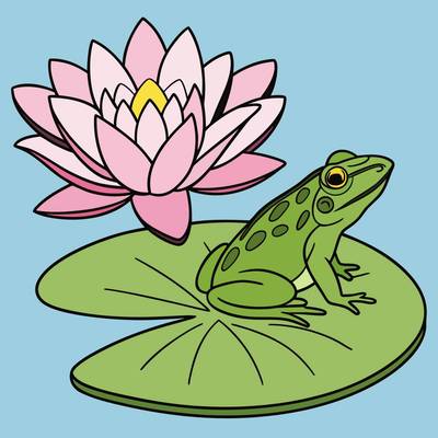 Ausgemalte Version: Frosch auf Seerosenblatt mit Lotusblüte