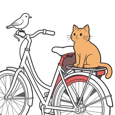 Färglagd version: Cykel med katt och fågel