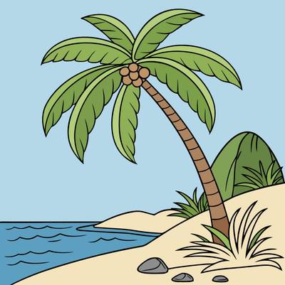 Ausgemalte Version: Kokospalme am Inselstrand