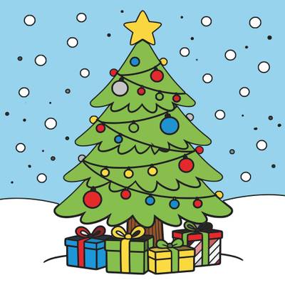 Versão colorida: Árvore de Natal com presentes e neve