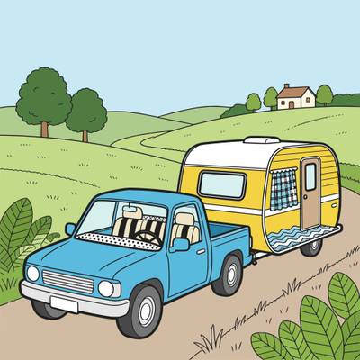 Colored version: Detailed pickup and camper in countryside