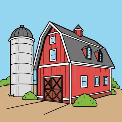 Colored version: Simple barn building with silo